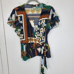 7th Avenue Wrap Blouse Equestrian Flutter Sleeve Y2K Artsy Preppy Womens M